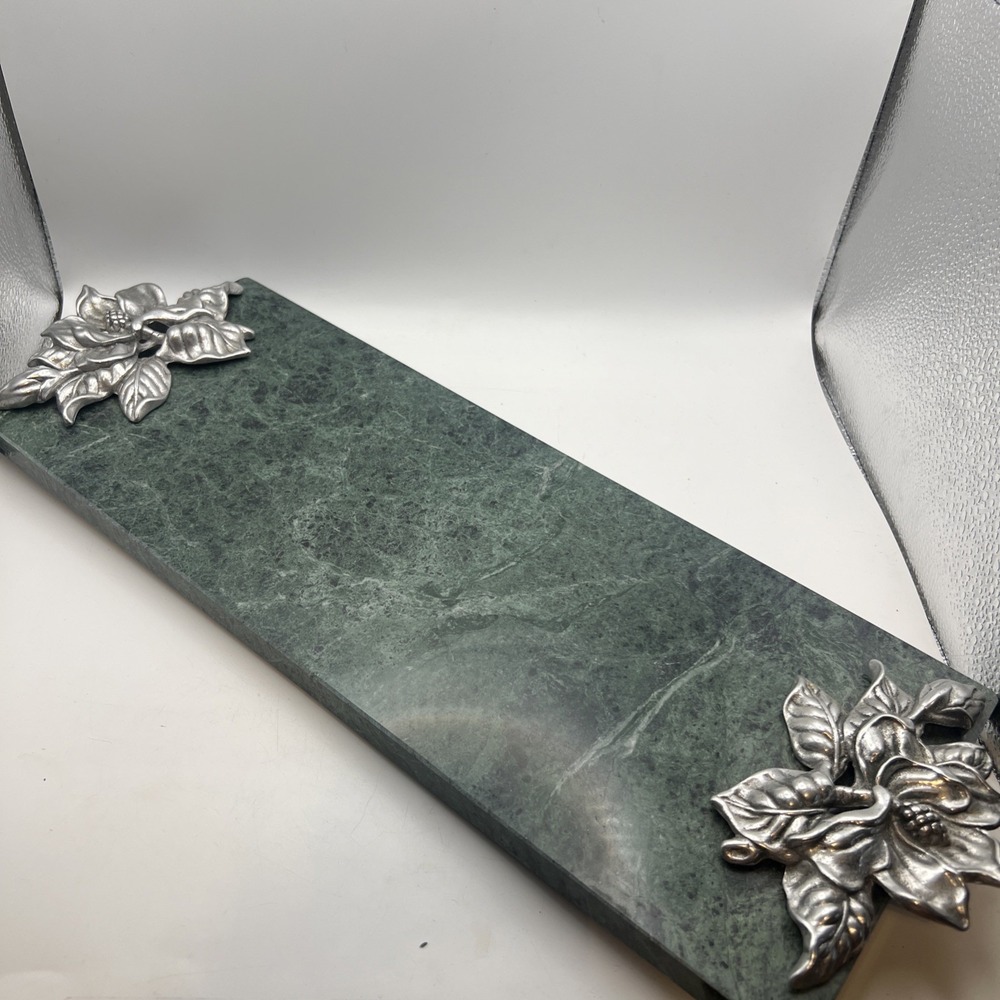 VTG Green Marble Cheese Board Charcuterie Tray Pewter Cast Metal Magnolia Floral